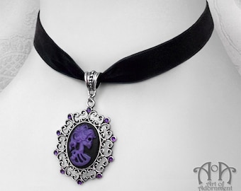 Gothic Black Velvet LADY SKELETON CAMEO Choker Purple Skull Pendant Necklace Silver