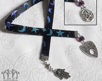 Gothic SATIN RIBBON BOOKMARK Moon Star Ouija Magic Pentagram Occult Charm Black Blue