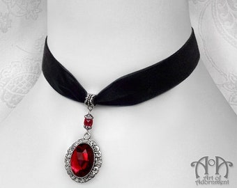 Red Crystal BLACK VELVET CHOKER Necklace Victorian Gothic Glass Pendant Antique Silver