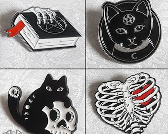 Gothic Punk SKELETON CAT PIN Black Tack Badge Witch Star Skull Book Lapel Brooch Enamel