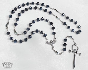 Gothic Pagan ANKH ROSARY NECKLACE Crystal Blue-Black Silver Bat Moon Cross Pendant