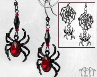 Gothic Punk SPIDER & WEB EARRINGS Red Black Crystal Beaded Silver Spiderweb