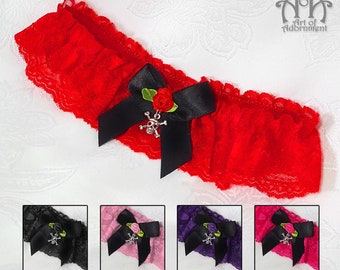 Gothic Punk SKULL WEDDING GARTER Lace Leg Thigh Elastic Red Black Pink Purple Satin