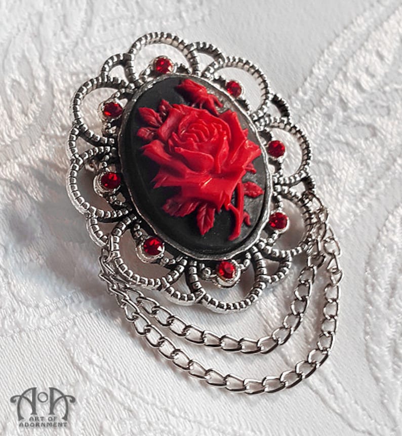 Black Red Purple ROSE CAMEO BROOCH Victorian Gothic Silver Crystal Pin Rhinestone Red