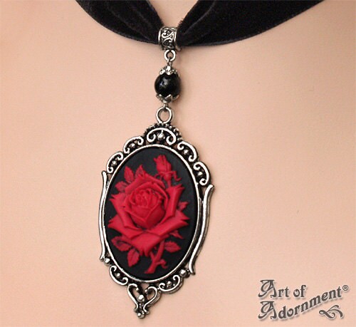 Black Red Gothic ROSE CAMEO CHOKER Velvet Necklace Antique | Etsy