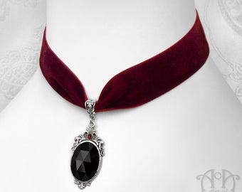 Black Crystal WINE VELVET CHOKER Red Ribbon Necklace Victorian Gothic Glass Silver Pendant