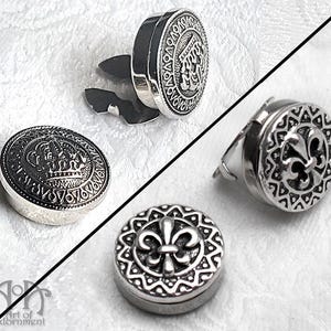 Juego de cubrebotones para puños estilo victoriano real con corona plateada y flor de lis para hombre, cuello mandarín
