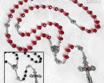 Collar ROSARIO ROSA GÓTICA DE VIDRIO ROJO NEGRO Crucifijo de Plata Sagrado Corazón Cruz de Cristal