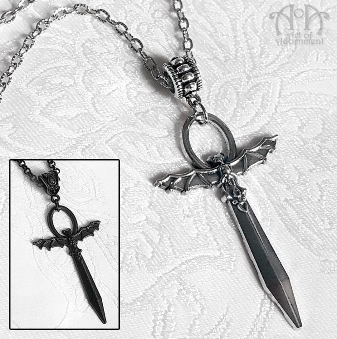 Gothic Punk Vampire BAT ANKH PENDANT Necklace Pagan Black Silver Cross ...
