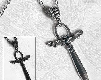 Gothic Punk Vampire BAT ANKH PENDANT Necklace Pagan Black Silver Cross Wings