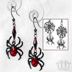Gothic Punk SPIDER & WEB EARRINGS Red Black Crystal Beaded Silver Spiderweb
