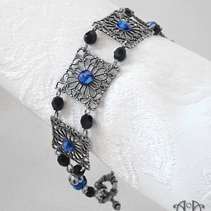 Black Blue BEADED CRYSTAL BRACELET Rhinestone Silver Filigree Victorian Gothic