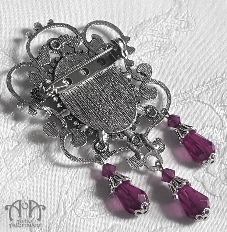 Crystal Jewel BEADED BROOCH PIN Victorian Gothic Silver Filigree Red Green Purple image 6