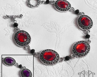 Black BEADED CRYSTAL BRACELET Red Purple Rhinestone Silver Filigree Gothic Victorian