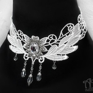 Bridal WHITE LACE CHOKER Glass Beaded Necklace Clear Crystal Rhinestone Victorian Wedding