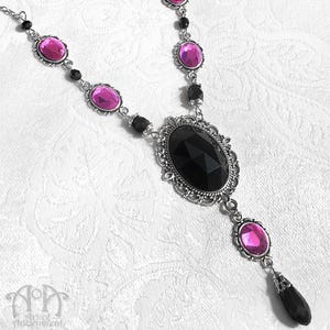 Beaded Rhinestone CRYSTAL PENDANT NECKLACE Pink Black Victorian Gothic Antiqued Silver