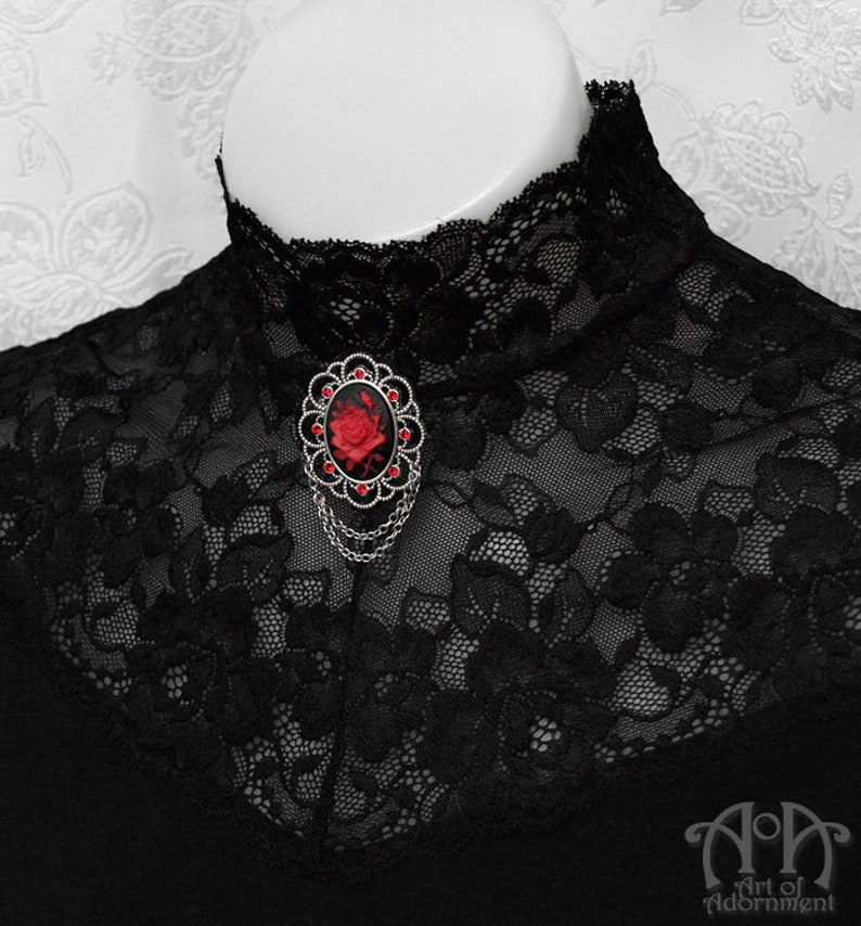 Black Red Purple ROSE CAMEO BROOCH Victorian Gothic Silver Crystal Pin Rhinestone image 2