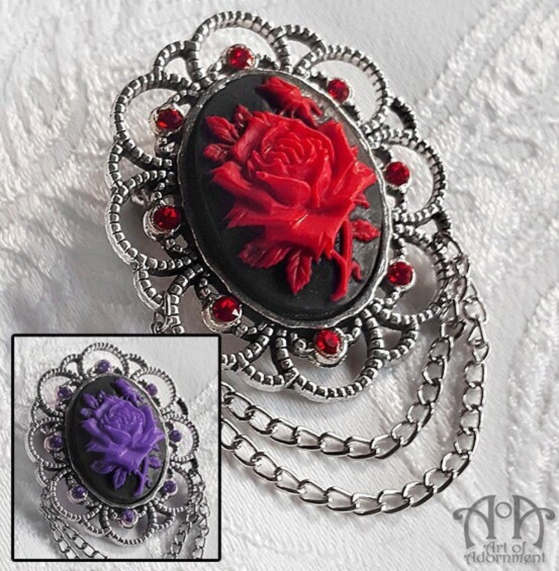 Black Red Purple ROSE CAMEO BROOCH Victorian Gothic Silver Crystal Pin Rhinestone image 1