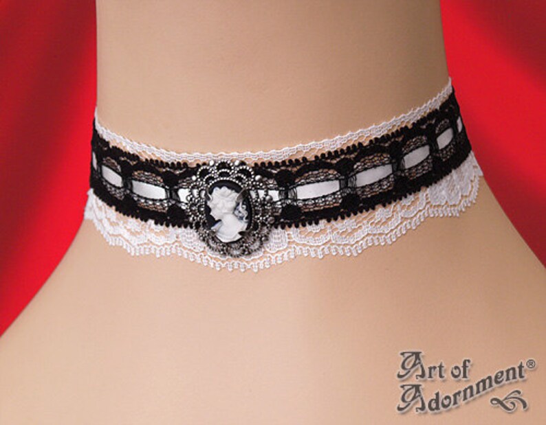 Gothic Black White LACE CAMEO CHOKER Necklace Victorian Style Antique Silver C09