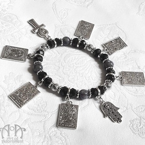 Gothic Beaded LABRADORITE TAROT BRACELET Elastic Stretch Magic Card Charm Black Crystal