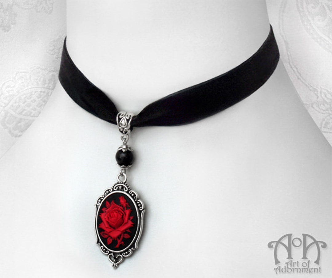 Black Red Gothic ROSE CAMEO CHOKER Necklace Velvet Antique Silver ...