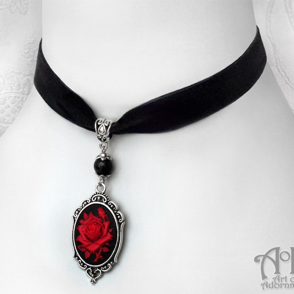 Black Red Gothic ROSE CAMEO CHOKER Necklace Velvet Antique Silver Victorian Pendant