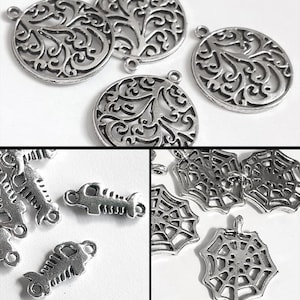 Silver Pewter PENDANTS CHARMS CONNECTORS Fishbones Fish Skeleton Spiderweb Cobweb Round Swirl