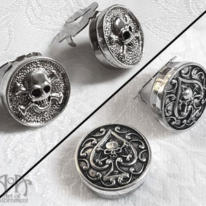 Gothic Punk CUFF BUTTON COVERS Set Silver Skull Ace of Spades Mens Mandarin Collar