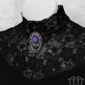 Black Red Purple ROSE CAMEO BROOCH Victorian Gothic Silver Crystal Pin Rhinestone image 6