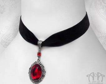 Red Crystal BLACK VELVET CHOKER Ribbon Necklace Victorian Gothic Glass Silver Pendant
