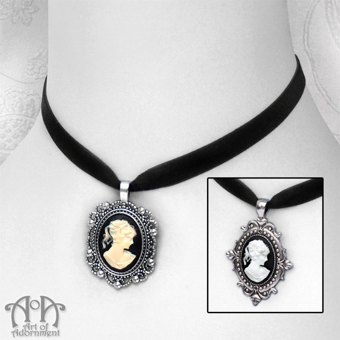 Ivory/white CAMEO PENDANT CHOKER Necklace Black Velvet - Etsy