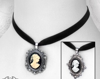 Ivory/White CAMEO PENDANT CHOKER Necklace Black Velvet Steampunk Victorian Silver