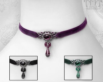 Purple Black Green Glass BEADED VELVET CHOKER Ribbon Necklace Victorian Gothic Filigree