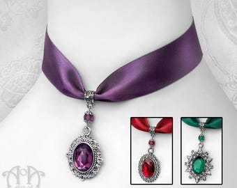 Purple Green Red Crystal SATIN CHOKER NECKLACE Ribbon Filigree Pendant Victorian Gothic