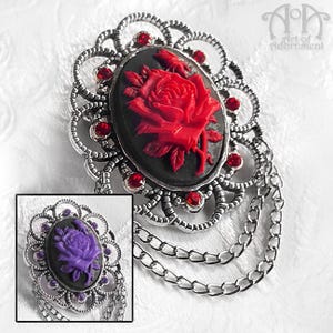 Black Red Purple ROSE CAMEO BROOCH Victorian Gothic Silver Crystal Pin Rhinestone