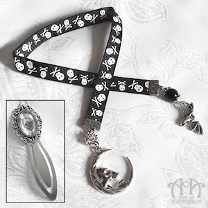 Gothic PUNK SKULL BOOKMARK Black Ribbon Silver Clip Bat Moon Charm Crossbones Beaded Fabric