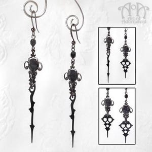 ゴシック スチームパンク 時計針 イヤリング ガンメタル ブラック クリスタル 時分 ダングル