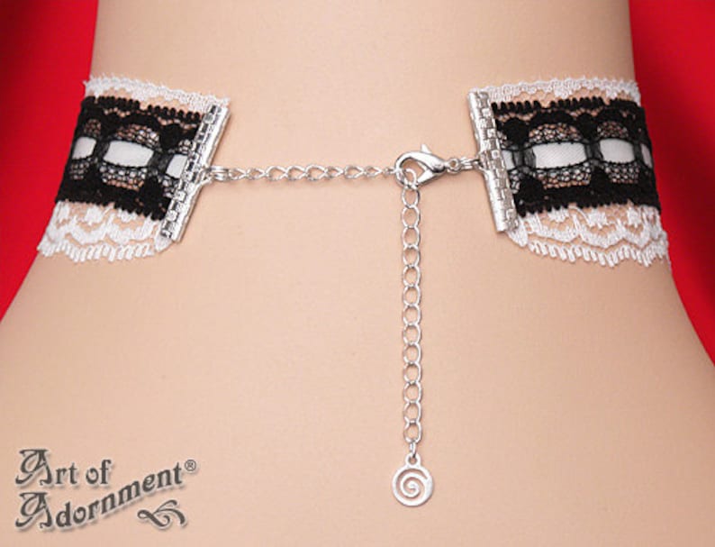 Gothic Black White LACE CAMEO CHOKER Necklace Victorian Style Antique Silver C09