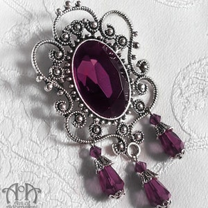 Crystal Jewel BEADED BROOCH PIN Victorian Gothic Silver Filigree Red Green Purple Purple