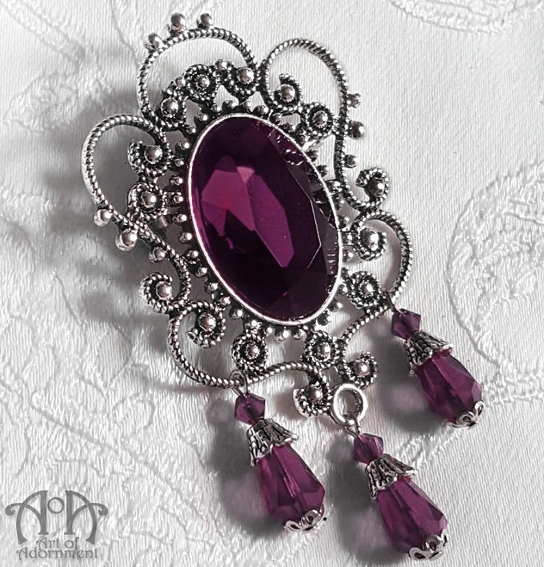 Crystal Jewel BEADED BROOCH PIN Victorian Gothic Silver Filigree Red Green Purple Purple