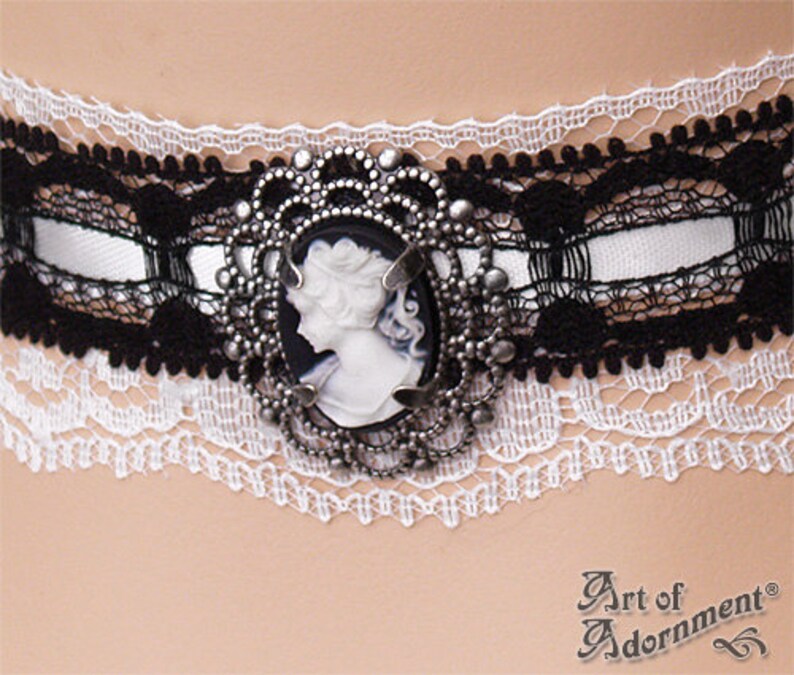 Gothic Black White LACE CAMEO CHOKER Necklace Victorian Style Antique Silver C09