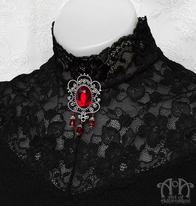 Crystal Jewel BEADED BROOCH PIN Victorian Gothic Silver Filigree Red Green Purple image 2
