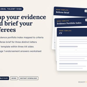以下が含まれることがあります： UK Global Talent Visa用のデジタルテンプレートセット。Referee Brief、Evidence Portfolio Index、CVとラベル付けされた文書が含まれています。テキストにはMap your evidence and brief your referees、4つの箇条書きリスト、5 editable filesのバッジが表示されています。