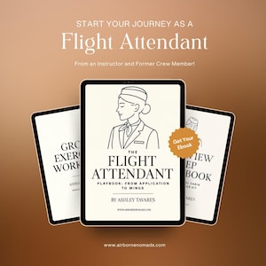May include: Three digital tablets with the text "Flight Attendant" and "Get Your Ebook". The central tablet displays a line drawing of a flight attendant. The background is a gradient of brown and tan.