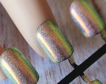 Gold Red Green Holo Shimmer Press on Nails, Shifting Glitter, Short False Nail Set, Active Length