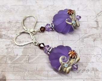 Lavender Seashell Lampwork Glass Bead Earrings, Purple Crystal, Hot Glass Jewelry, Gift Idea