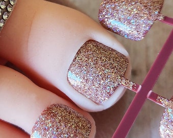 Light Brown Holo Glitter Press on Toenails, Full Cover Nails, Chocolate Brown False Toenail Set