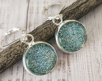 Aqua Green Earrings, Nail Polish Jewelry, Glitter Glass Earrings, Gift Idea