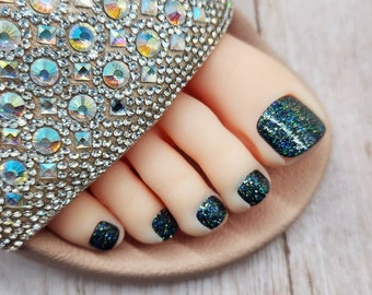 Dark Blue Holographic Press on Toenails, Full Cover Holo Glitter False Toenail Set