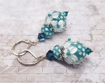 Floral Lampwork Glass Bead Earrings, Teal Crystal, Hot Glass Jewelry, Gift for Her